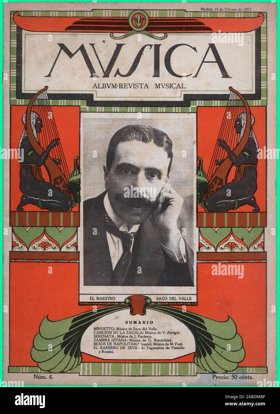 Portada del álbum-revista Música, editada en Madrid, febrero de 1917. Artur Saco del Valle Flores. Stock Photo
