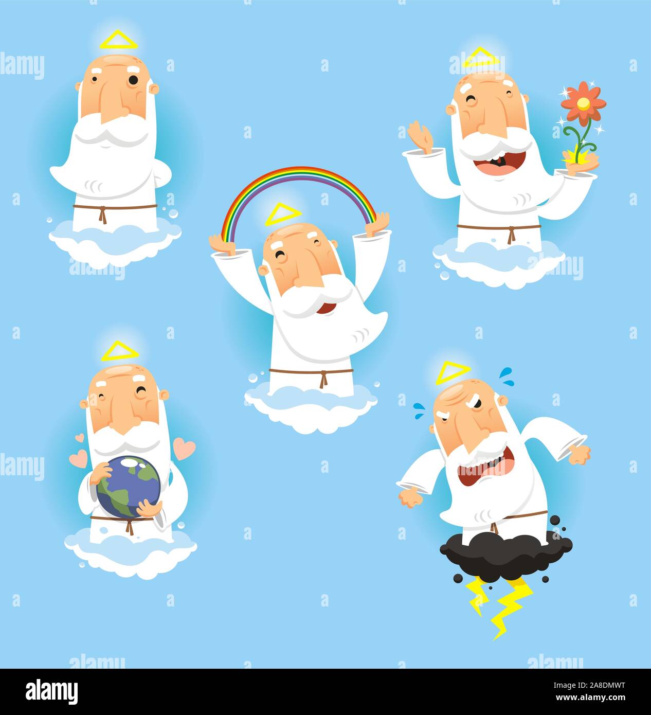 God in Heaven set, with God standing contemplating, God making a rainbow, God happy with nature, God embracing and holding the earth and angry and fur Stock Vector