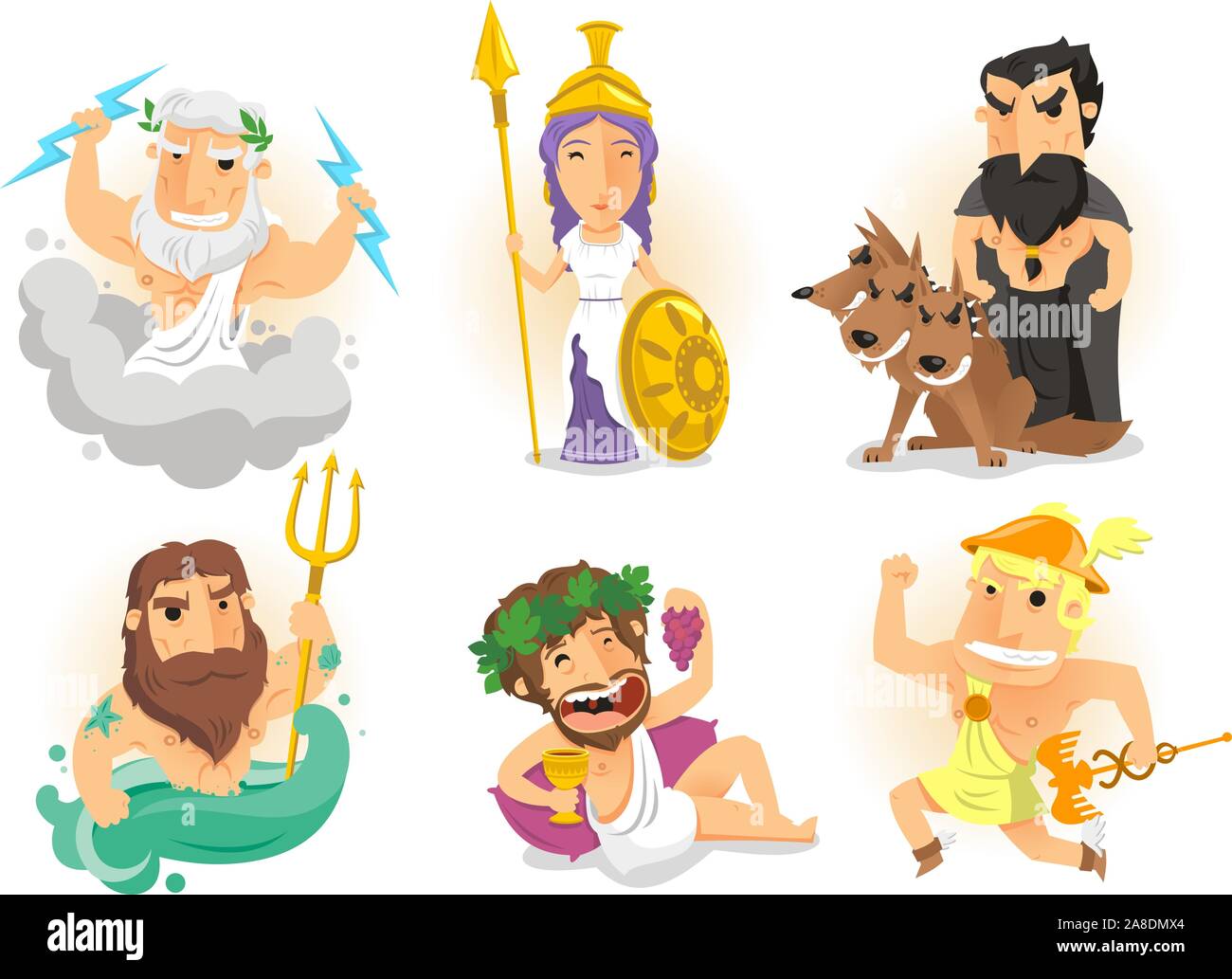Athenas, Zeus, Hades, Poseidon, Hermes, Bacchus, Dionysus, cerberus, Posidon, greek gods vector illustration. Stock Vector