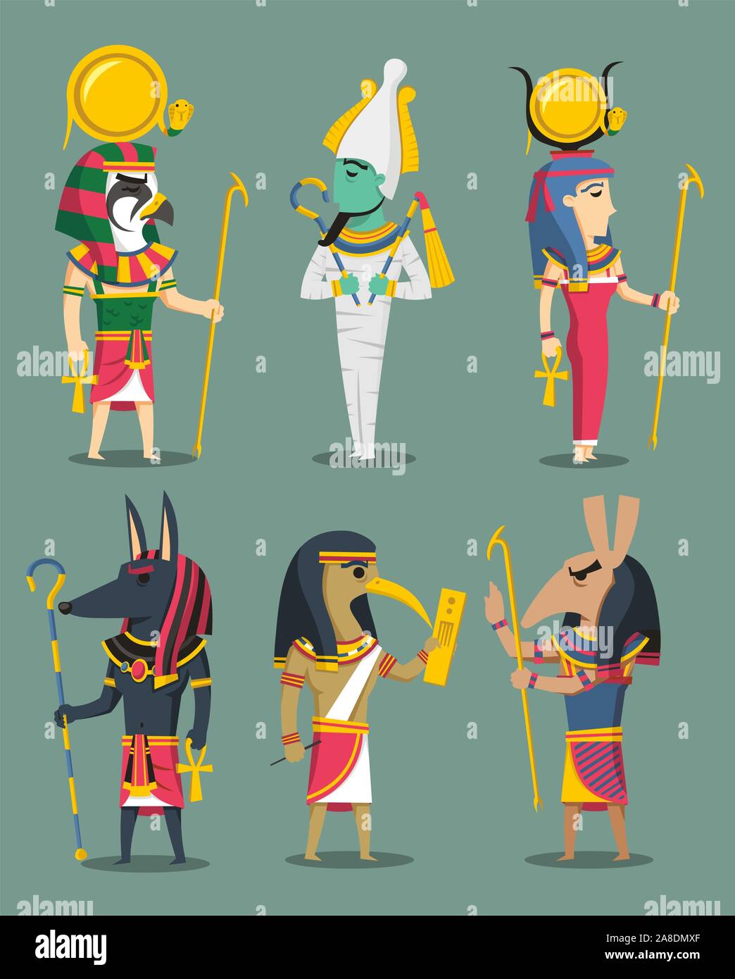 Egyptian Gods and Egypt Goddesses, with Osiris, Isis, Horus, Set, Anubis, Hath-or, Ra, Thoth. Vector illustration cartoon. Stock Vector