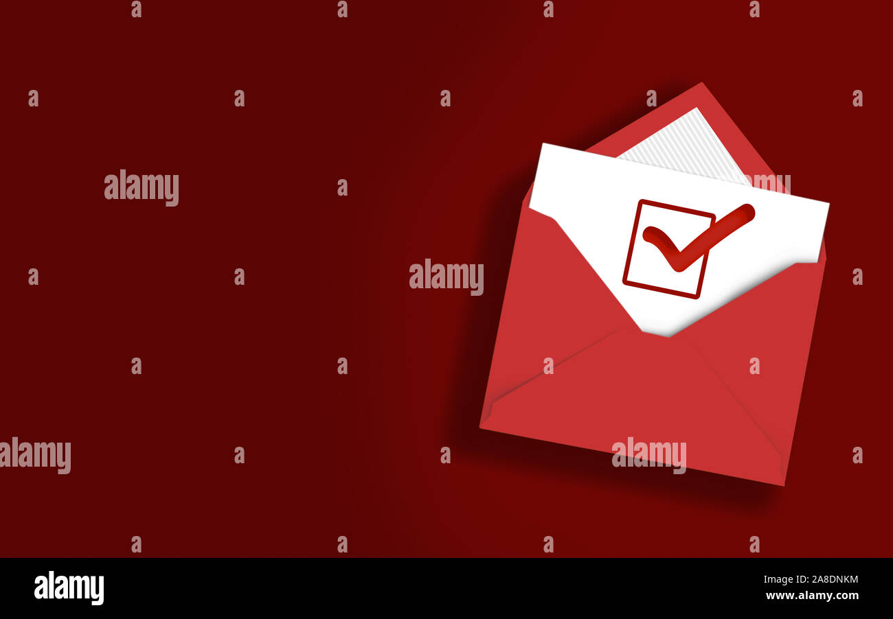 Check icon in an envelope on red background. High resolution image with ...