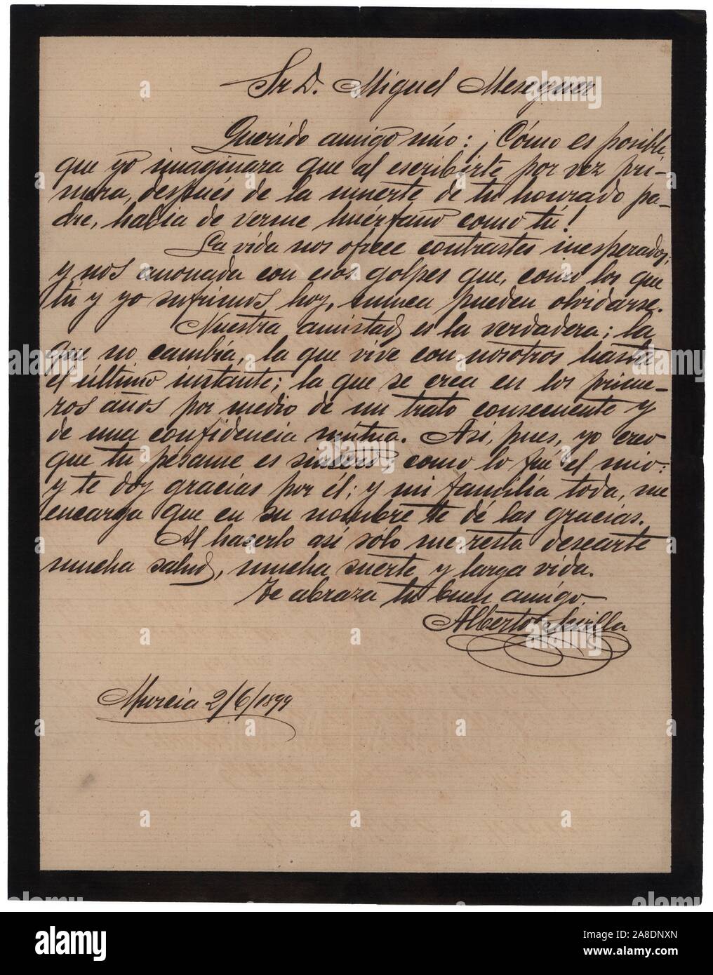 Carta con orla negra en señal de duelo comunicando el fallecimiento de un familiar. Murcia, junio de 1899. Stock Photo