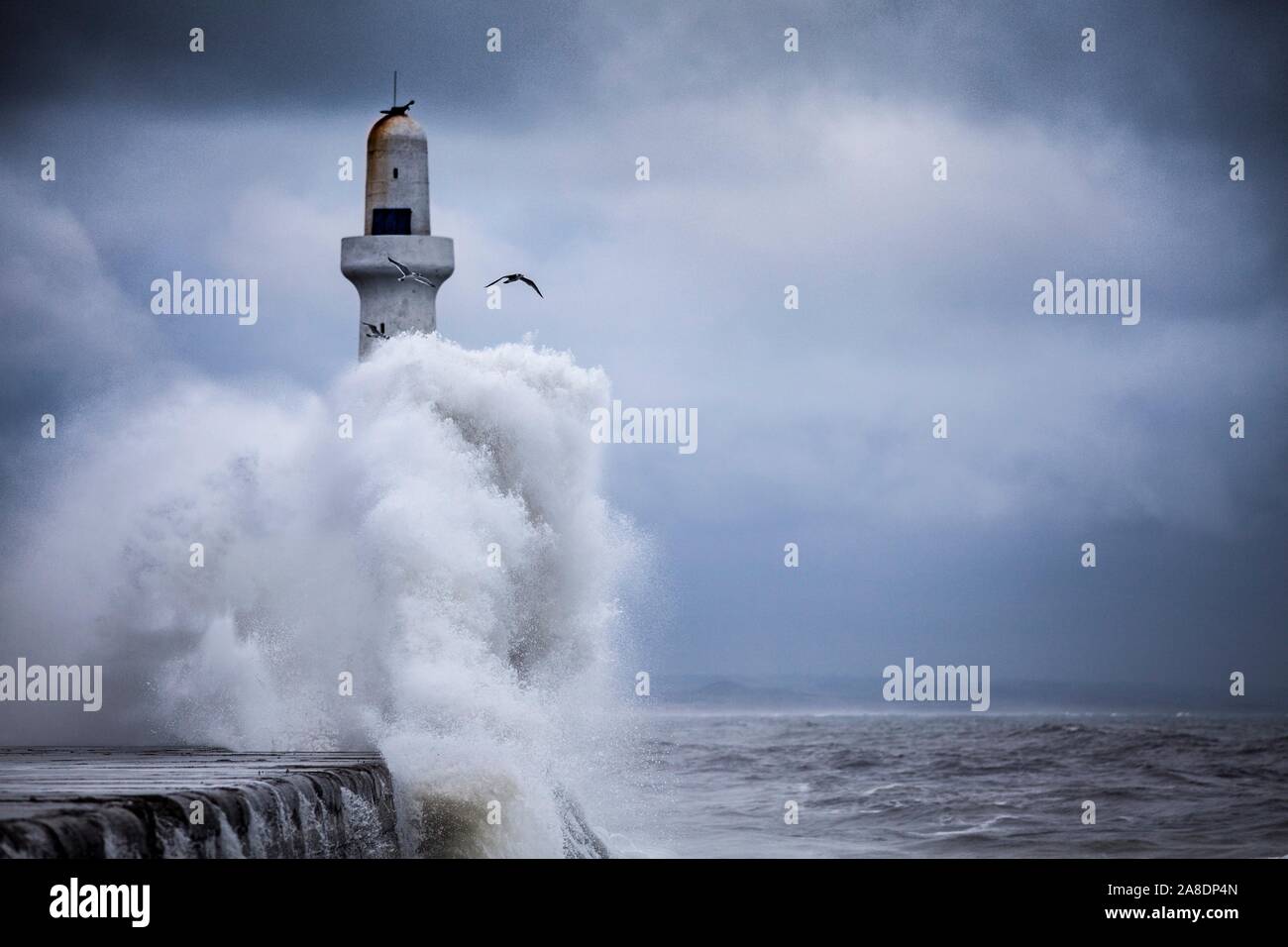Winter storm, Aberdeen Lighthouse Stock Photo