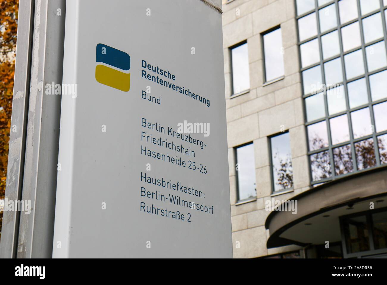 BERLIN - NOVEMBER 8, 2018: Sign of Deutsche Rentenversicherung / Pension Insurance in Kreuzberg in fall Stock Photo