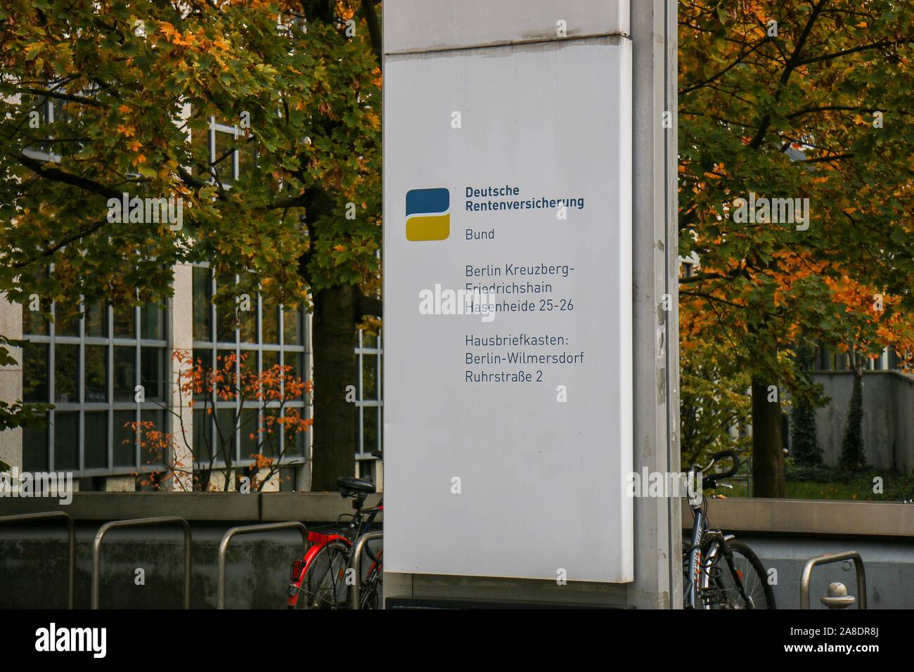 BERLIN - NOVEMBER 8, 2018: Sign of Deutsche Rentenversicherung / Pension Insurance in Kreuzberg in fall Stock Photo