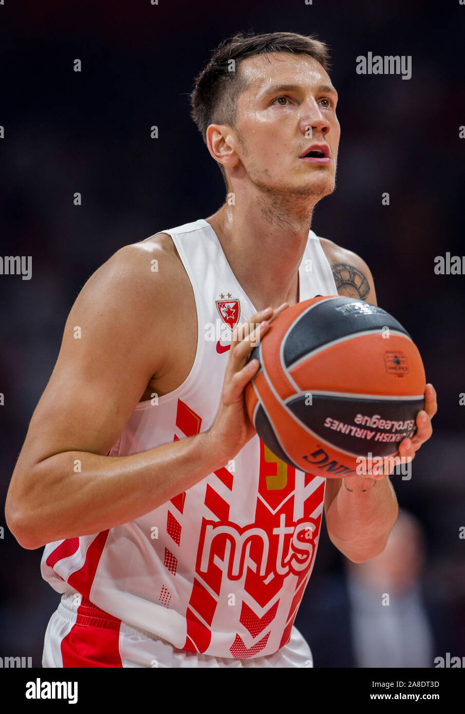 Belgrade, Serbia. 7th Nov, 2019. Nemanja Nenadic of Crvena Zvezda mts Belgrade performs free throw. Credit: Nikola Krstic/Alamy Live News Stock Photo