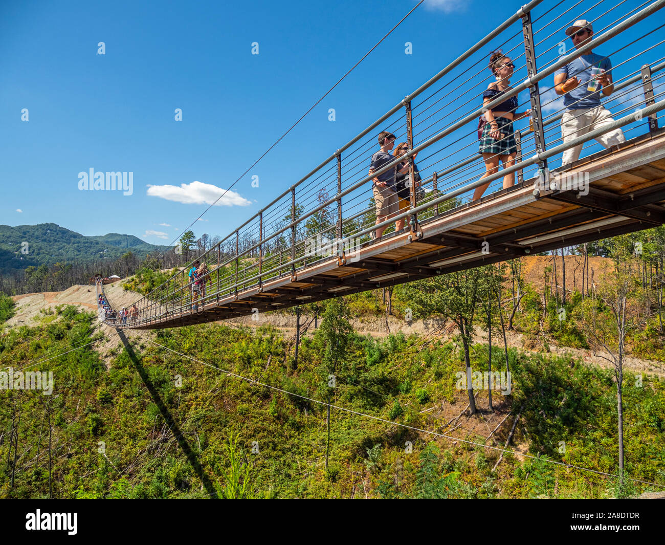 Gatlinburg pedestrian suspension Skybridge in the Great Smoky Mountains resort town of Gatlinburg Tennessee in the United States Stock Photo
