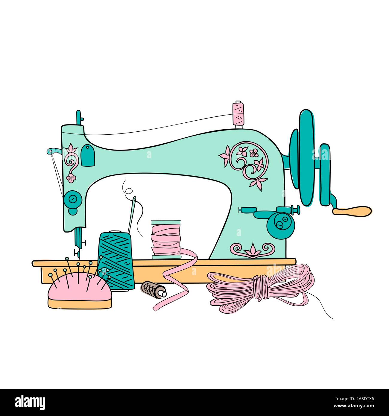 Vintage Sewing Machine vector illustration. Sewing threads silhouette ink pen. Hand drawn, Stock Vector