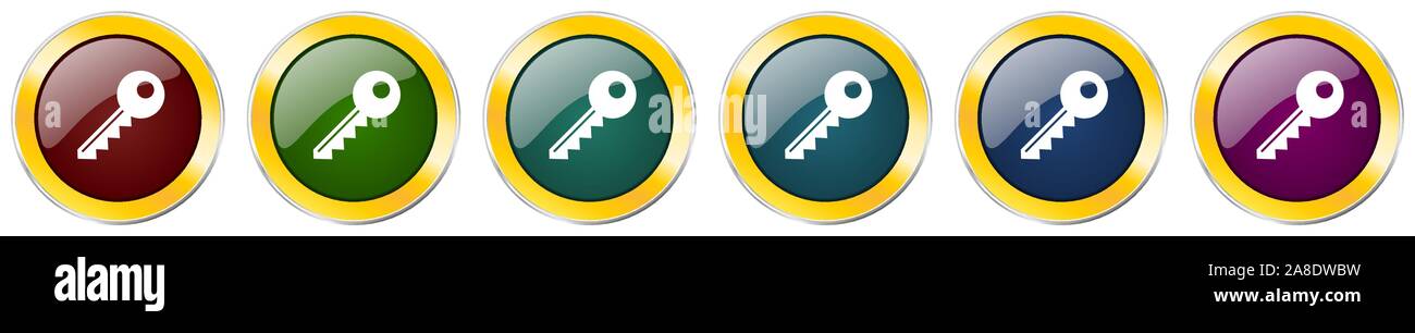Key glossy icon set, silver metallic golden vector illustrations in 6 ...