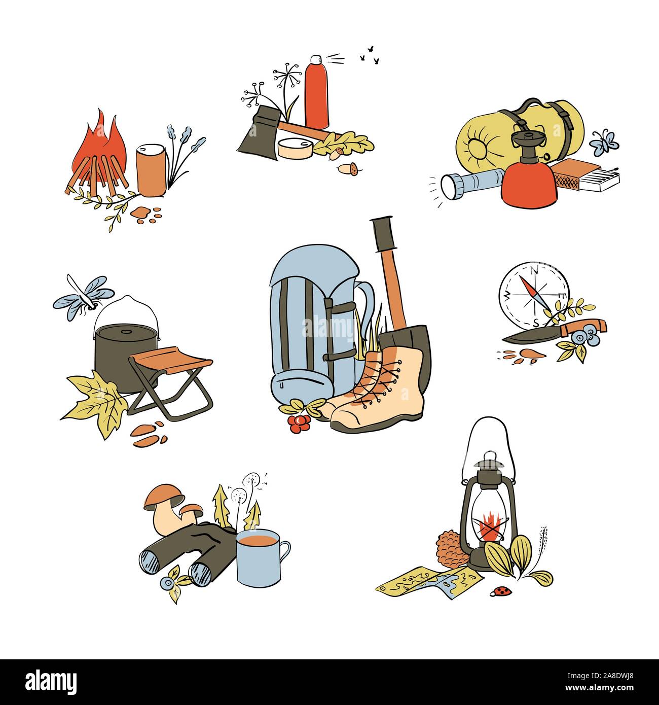 Camping set template. Hiking icons colored sketch style set. copy space. Vector illustration. Stock Vector