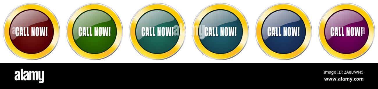 Call now glossy icon set, silver metallic golden vector illustrations ...