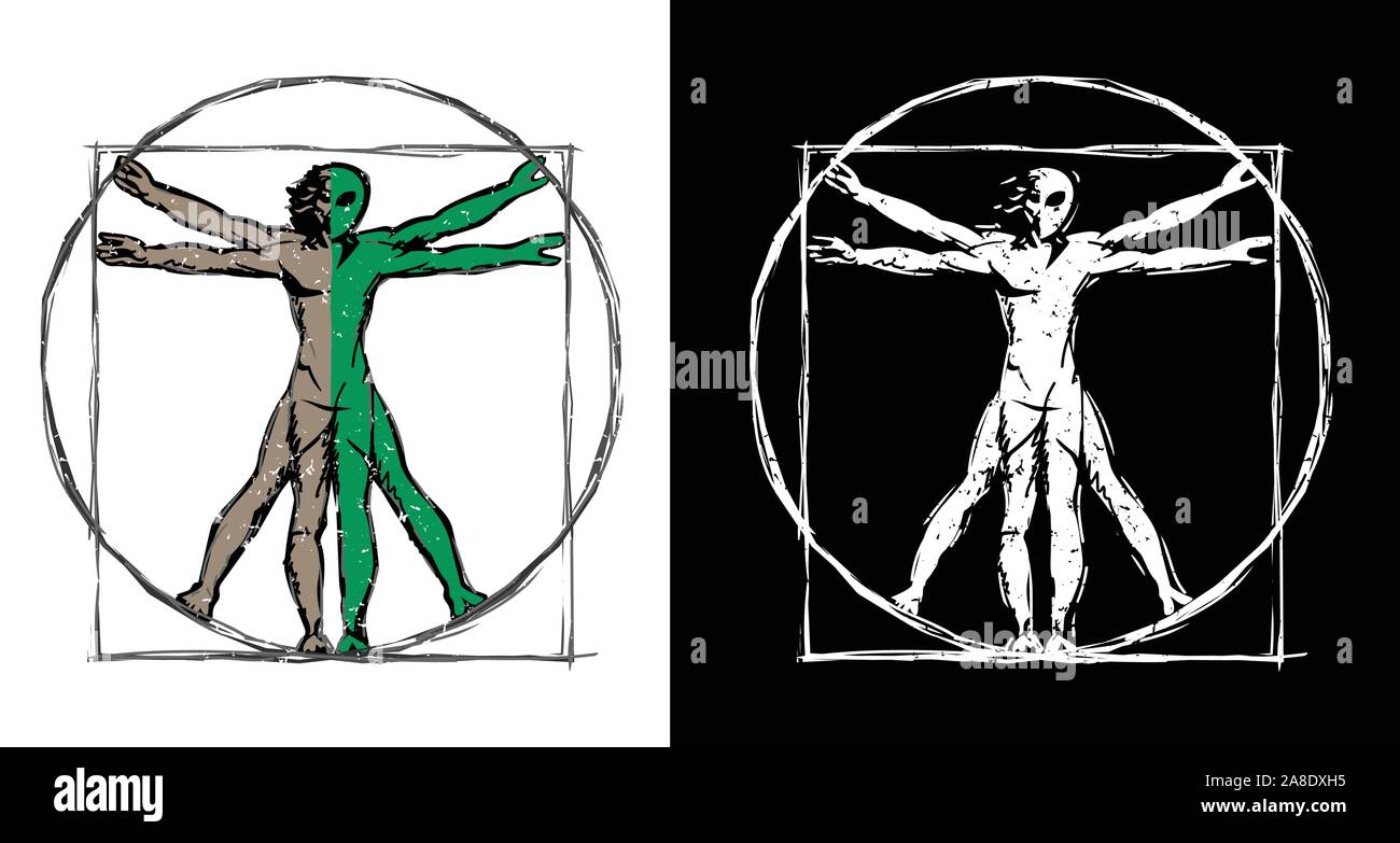 Vitruvian Man UFO Alien Hybrid Sketch Isolated Vector Illustration Stock Vector