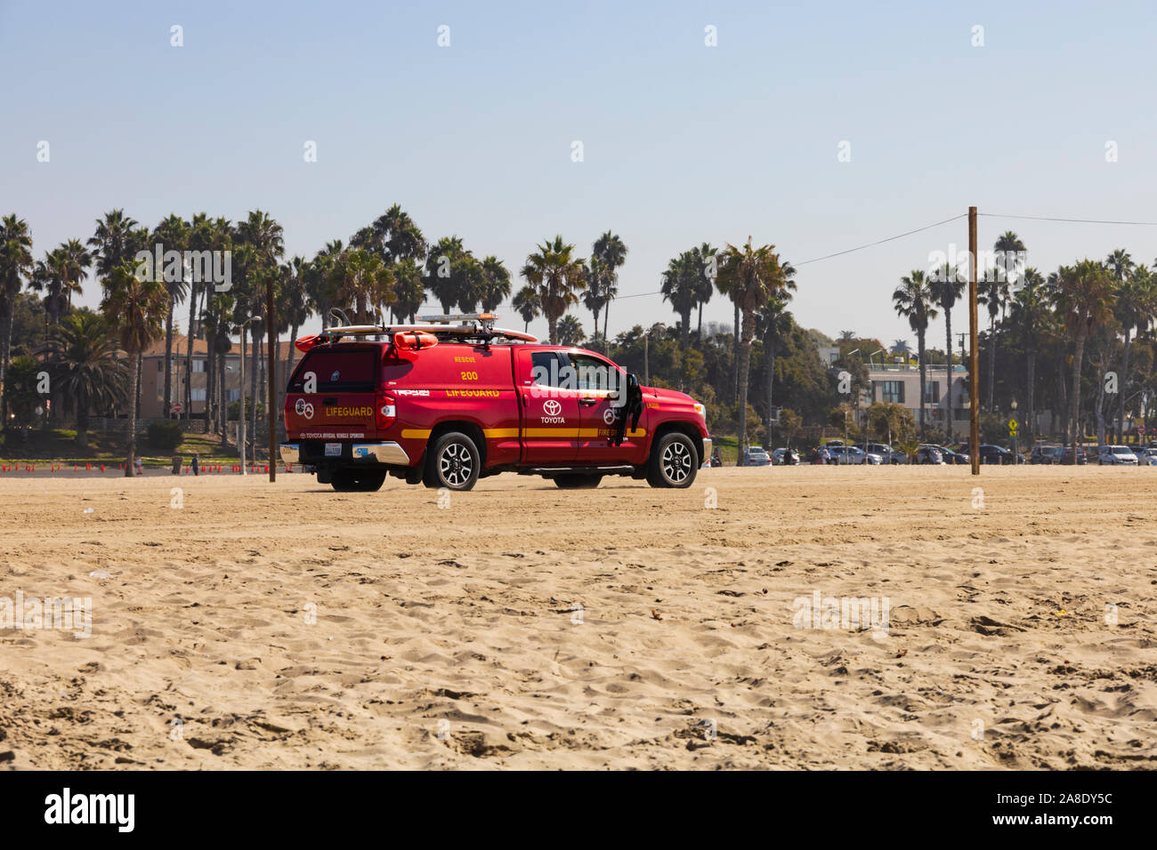 Lifeguards Toyota rescue vehicle patrolling the beach, Santa Monica, Los Angeles County, California, United States of America Stock Photo