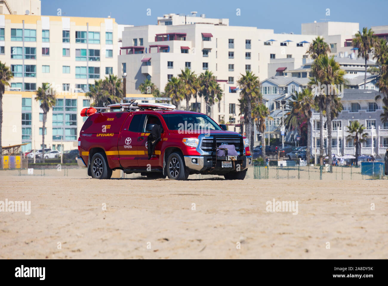 Lifeguards Toyota rescue vehicle patrolling the beach, Santa Monica, Los Angeles County, California, United States of America Stock Photo