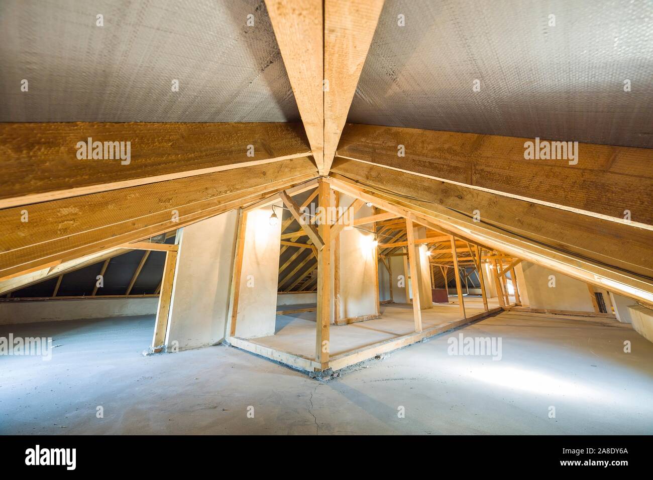 Attic Of A Building With Wooden Beams Of A Roof Structure Stock