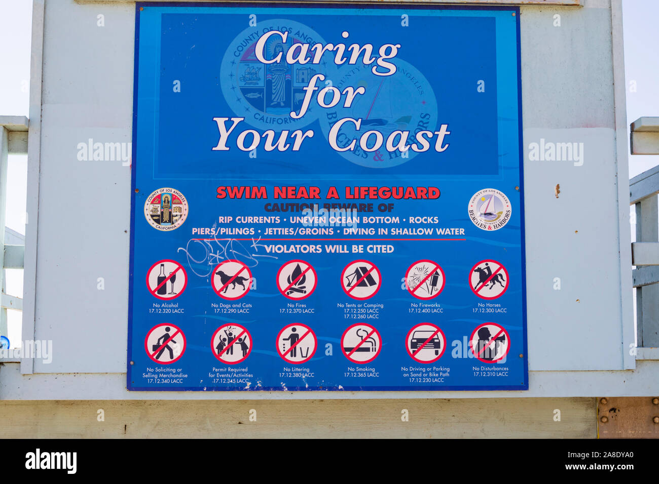 Poster showing prohibited items on the beach on the back of a lifeguard tower hut, Santa Monica, Los Angeles County, California, USA Stock Photo