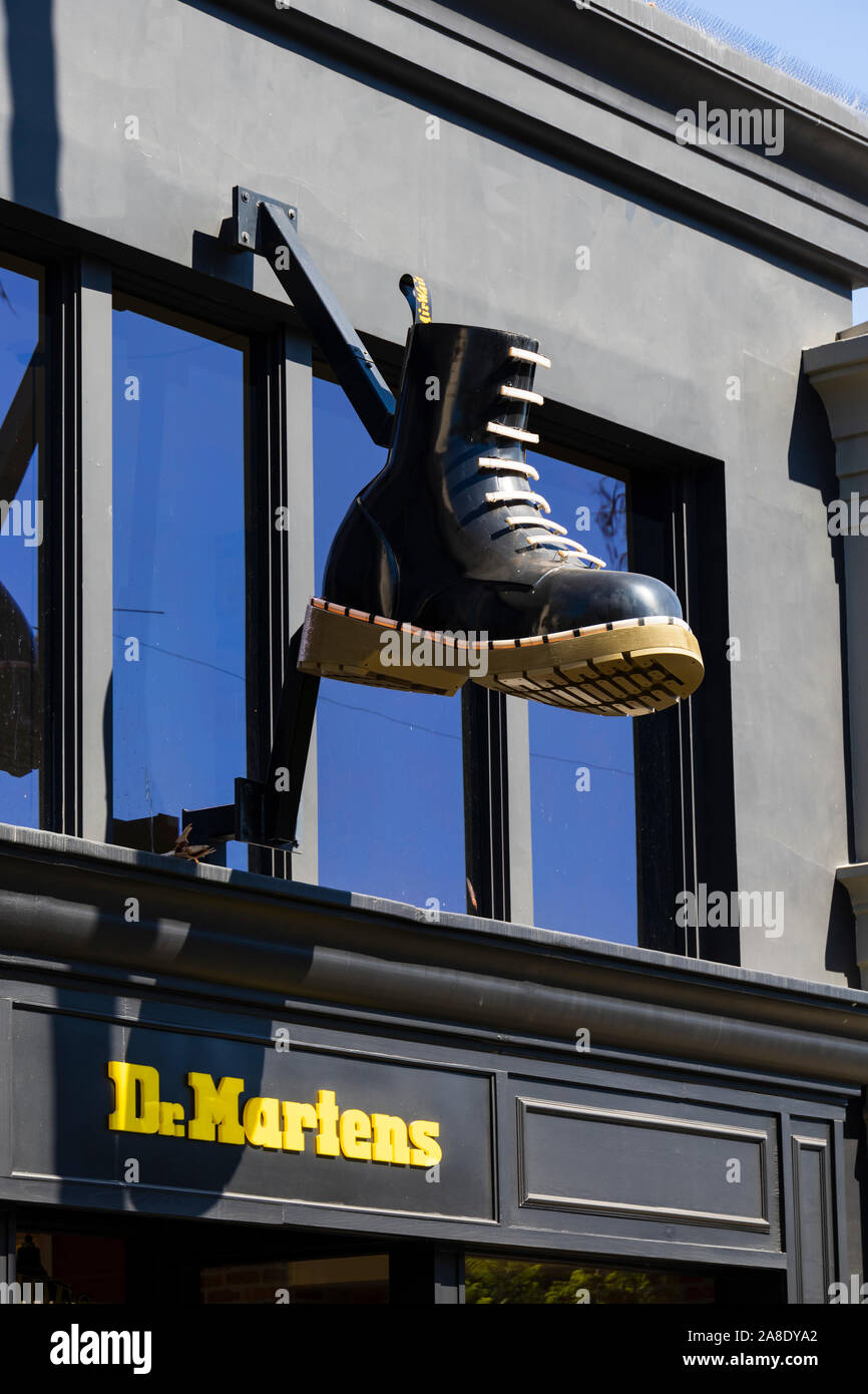 Dr Martens shop with boot sign. 3rd Street Promenade, Santa Monica, Los Angeles County, California, United States of America Stock Photo