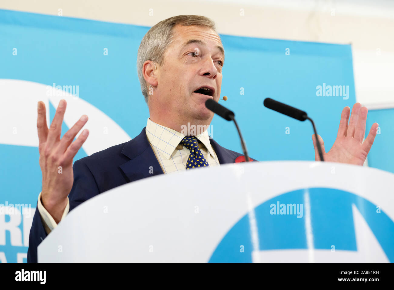Little Mill, Pontypool, Monmouthshire, Wales - Friday 8th November 2019 - Brexit Party leader Nigel Farage addresses an audience in the south Wales town of Pontypool a strong Labour voting area. Photo Steven May / Alamy Live News  Stock Photo