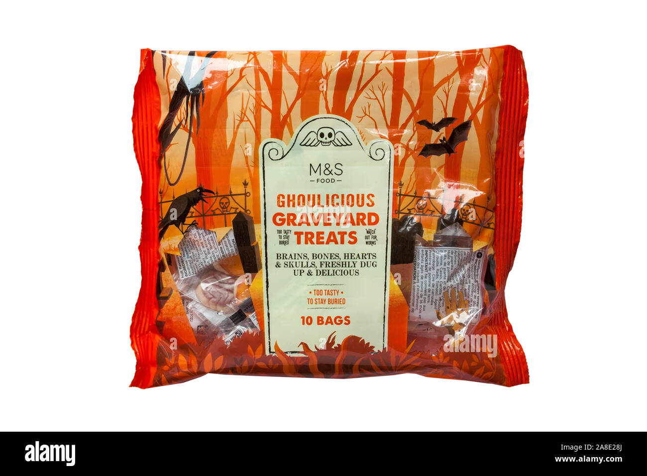 Packet of M&S Ghoulicious Graveyard Treats too tasty to stay buried isolated on white background - ready for Halloween fruit flavoured jellies Stock Photo