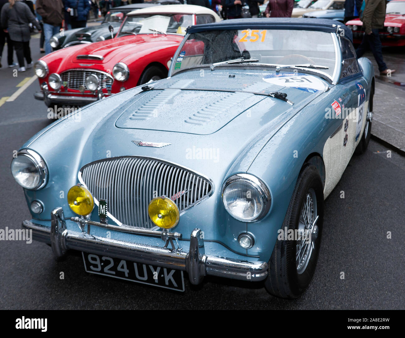 Three-quarters front view of a Blue, 1956, Austin Healey 100M, on display at the 2019 Regents Street Motor Show Stock Photo