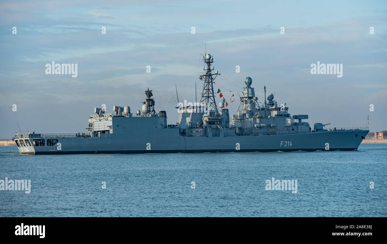 The German Navy (Bremen Class) frigate FGS Lubeck (F214) arriving at Portsmouth, UK on the morning of 8th November 2019 for a courtesy visit. Stock Photo