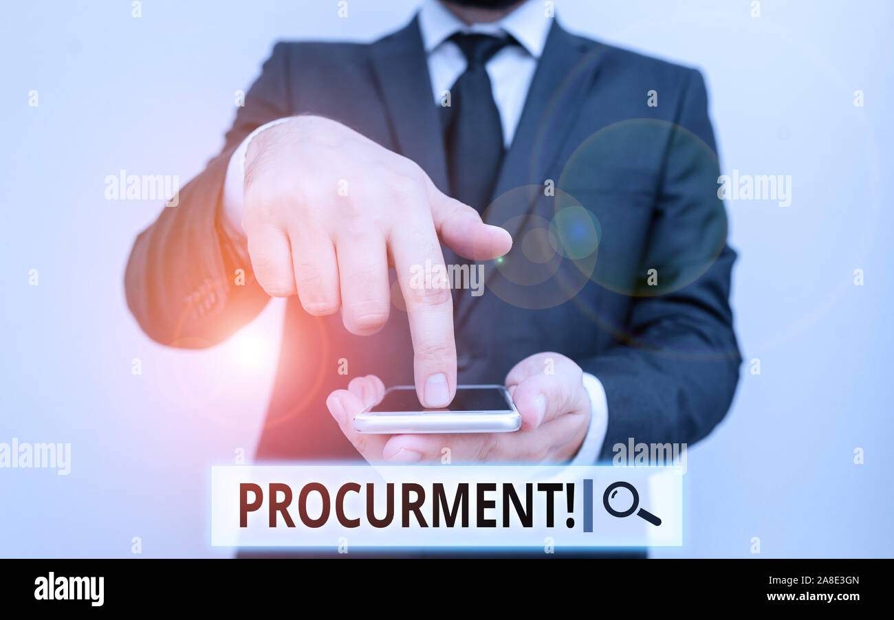 Text sign showing Procurment. Business photo text action of acquiring military equipment and supplies Male human wear formal work suit hold smart hi t Stock Photo