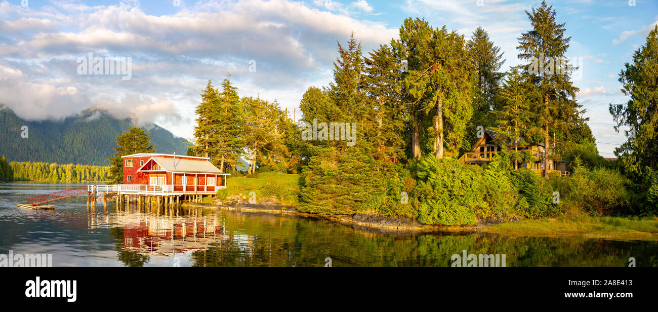 Tofino Harbour, red lonely dock house, Vancouver Island. British Columbia, Canada Stock Photo