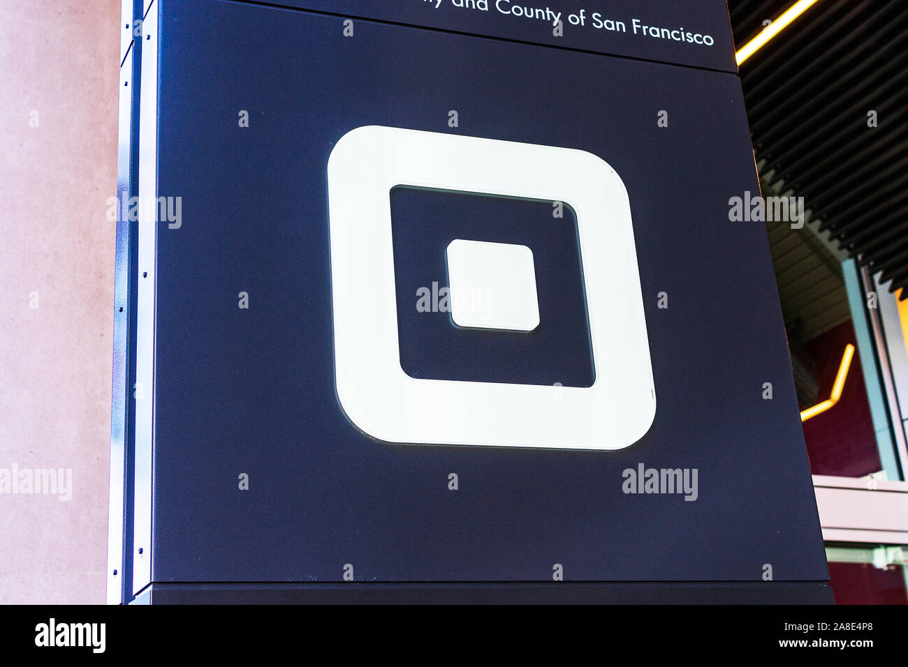 Square logo at headquarters. Square, Inc. is a financial services
