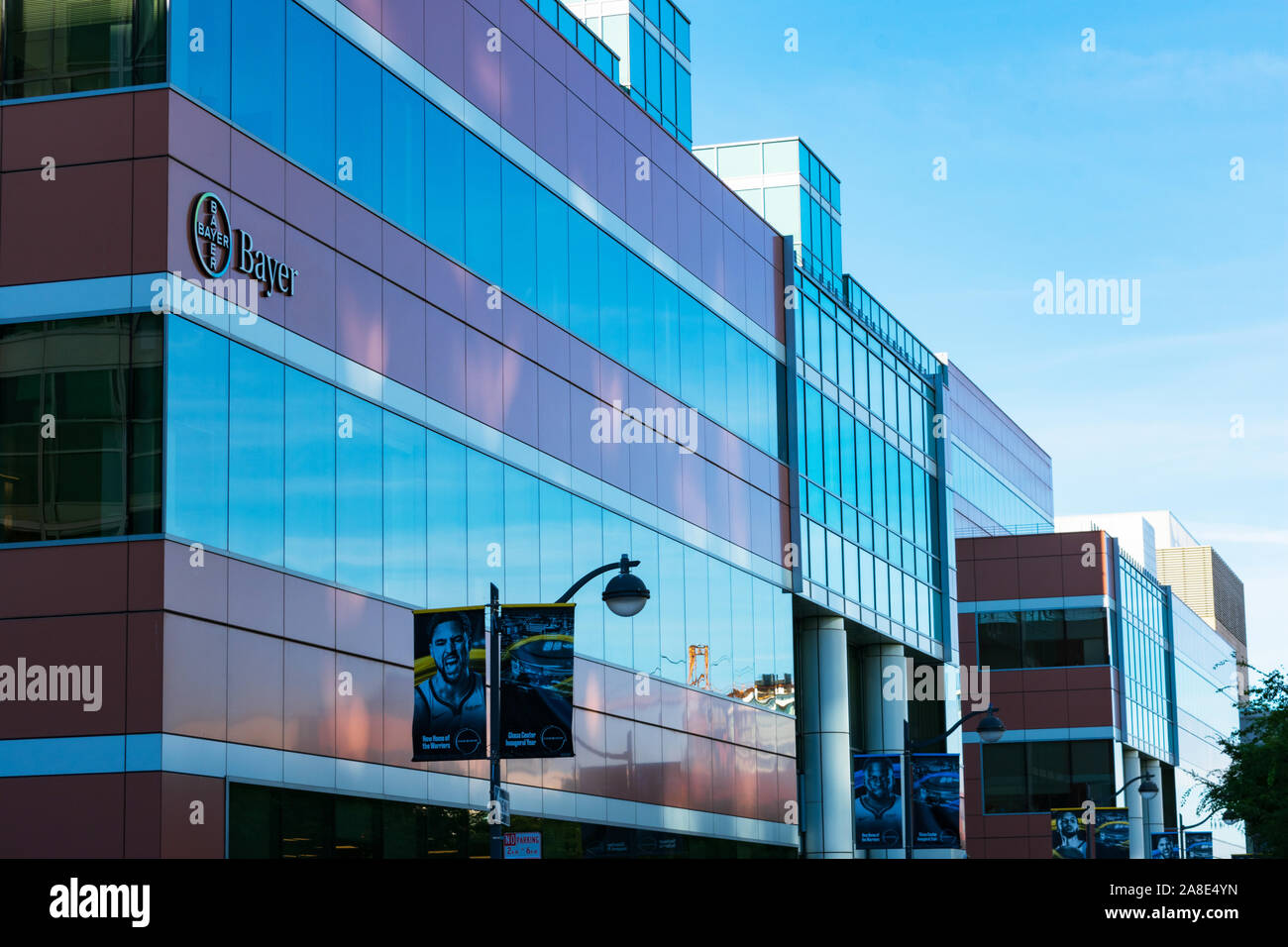 Bayer AG sign at the company office in Silicon Valley. Bayer AG is a German multinational pharmaceutical and life sciences company Stock Photo