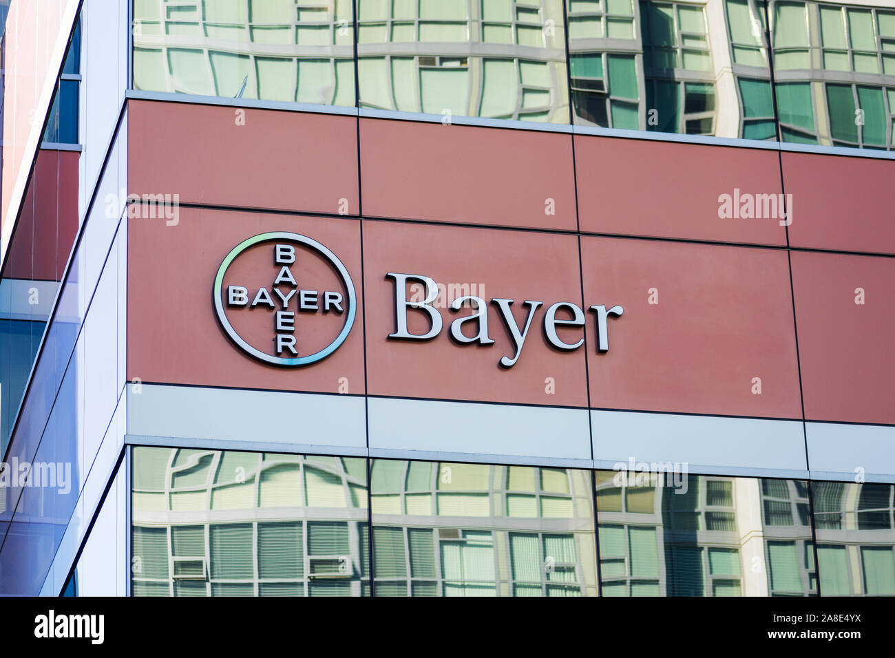 Bayer AG sign at the company office in Silicon Valley. Bayer AG is a German multinational pharmaceutical and life sciences company Stock Photo