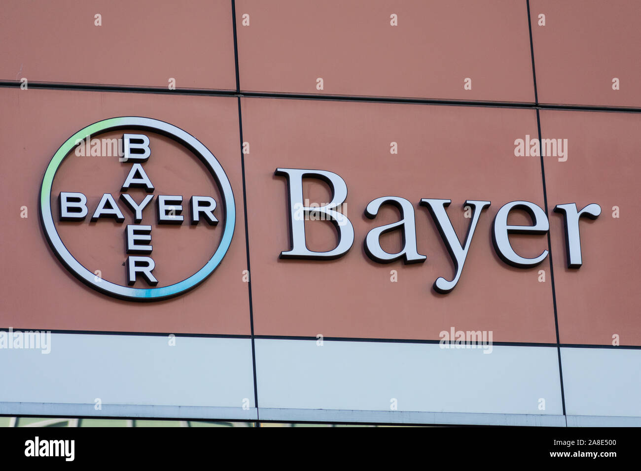 Bayer AG sign at the company office in Silicon Valley. Bayer AG is a German multinational pharmaceutical and life sciences company Stock Photo