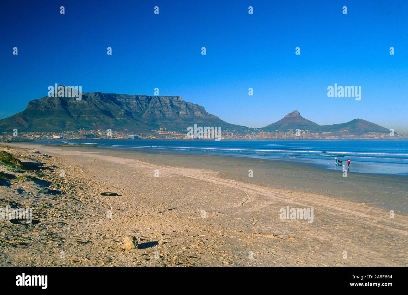 Milnerton, sandy beach, Cape Town, Table mountain, Lion's Head, Singal hill, coast, sea, Western Cape, South Africa Stock Photo