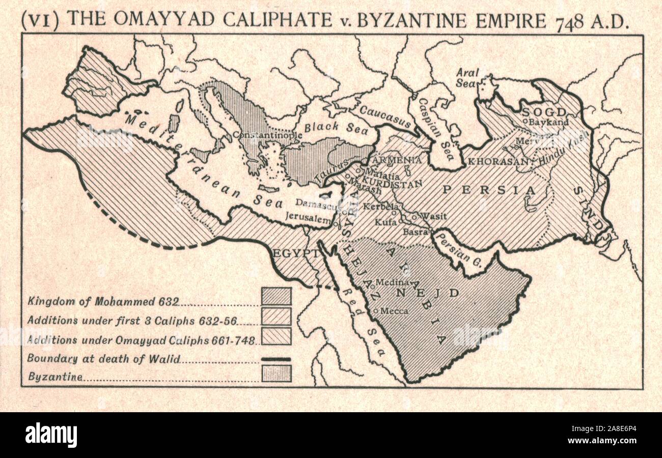 'The Omayyad Caliphate v. Byzantine Empire, circa 748 A.D.', c1915. Map of the Mediterranean and Near East, showing the Kingdom of Mohammed, Additions under the Caliphs, and the boundary at death of Walid. From &quot;The Caliphs' Last Heritage, a short history of the Turkish Empire&quot; by Lt.-Col. Sir Mark Sykes. [Macmillan &amp; Co, London, 1915] Stock Photo