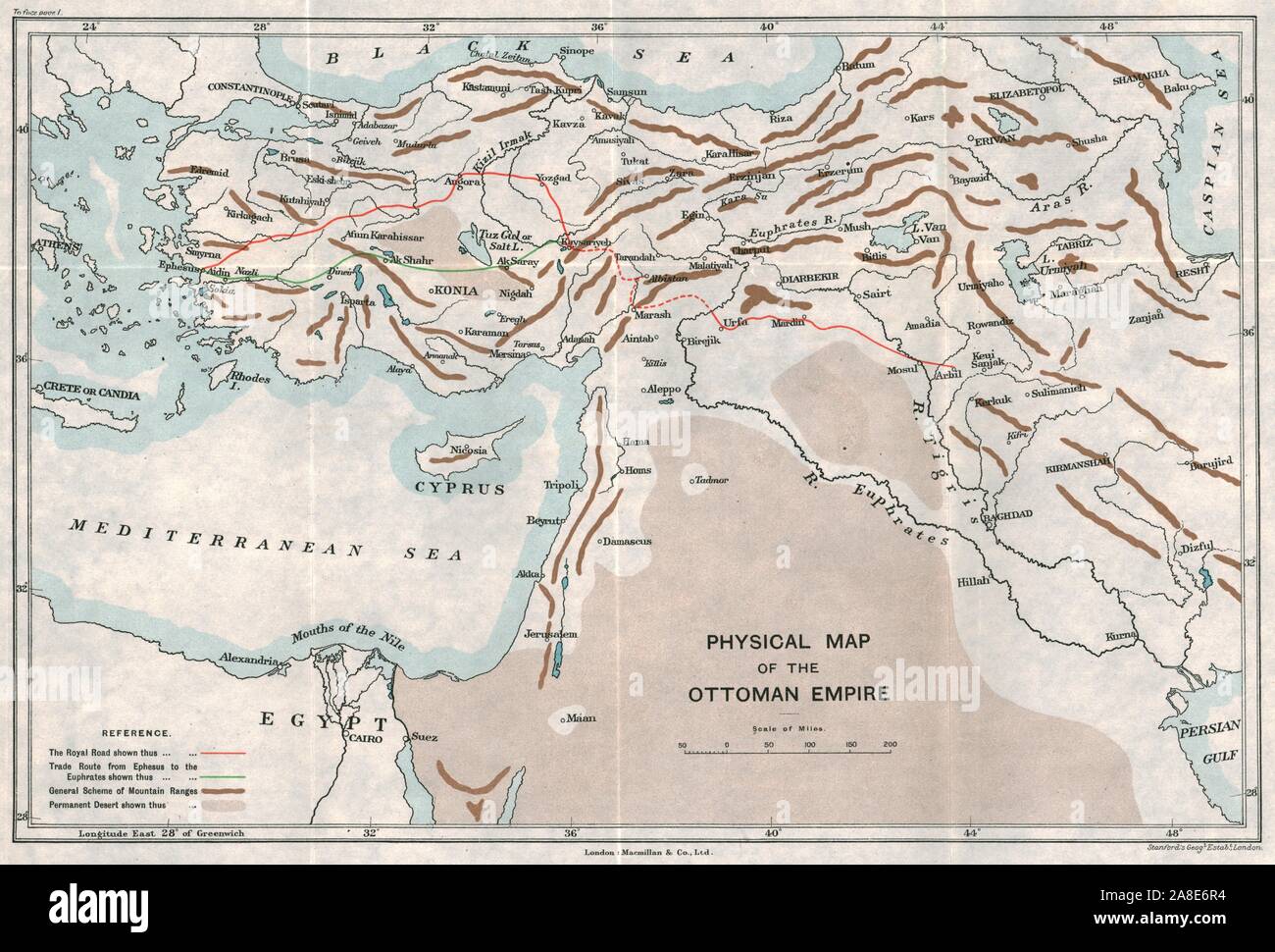 'Physical Map of the Ottoman Empire', c1915. Map showing the eastern Mediterranean, Cyprus, the Middle East, the rivers Tigris and Euphrates, what is now Turkey, and part of Egypt. Also shown are the 'Royal Road', trade routes, mountain ranges and deserts. From &quot;The Caliphs' Last Heritage, a short history of the Turkish Empire&quot; by Lt.-Col. Sir Mark Sykes. [Macmillan &amp; Co, London, 1915] Stock Photo