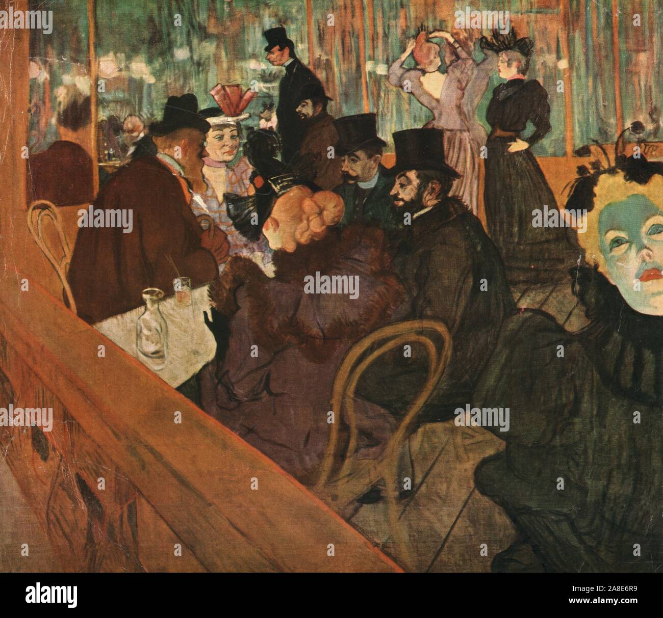 'At the Moulin Rouge', 1892, (1952). Scene in the Moulin Rouge cabaret in Paris: dancers Jane Avril (with red hair), May Milton (far right), and La Goulue in the background. Also seated at the table are Lautrec himself and his cousinDr Gabriel Tapi&#xe9; de C&#xe9;leyran. Painting in the collection of the Art Institute of Chicago, USA. From &quot;Henri De Toulouse-Lautrec&quot; by Douglas Cooper. [Thames and Hudson, London, 1952] Stock Photo