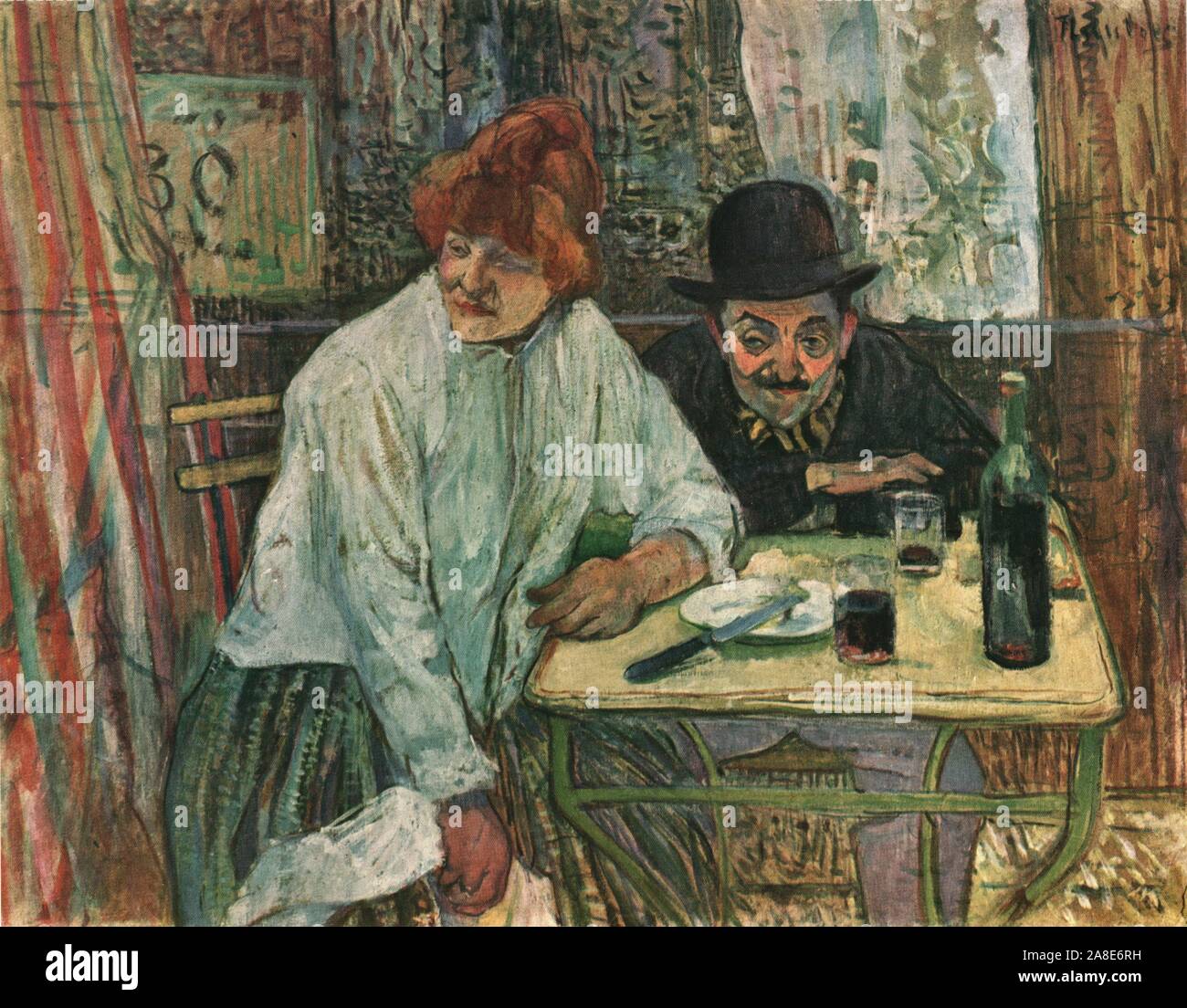 'At the Caf&#xe9; La Mie', c1891, (1952). Man and woman drinking at a table, based on a staged photograph of Lautrec's friend Maurice Guibert. Painting in the Museum of Fine Arts, Boston, USA. From &quot;Henri De Toulouse-Lautrec&quot; by Douglas Cooper. [Thames and Hudson, London, 1952] Stock Photo