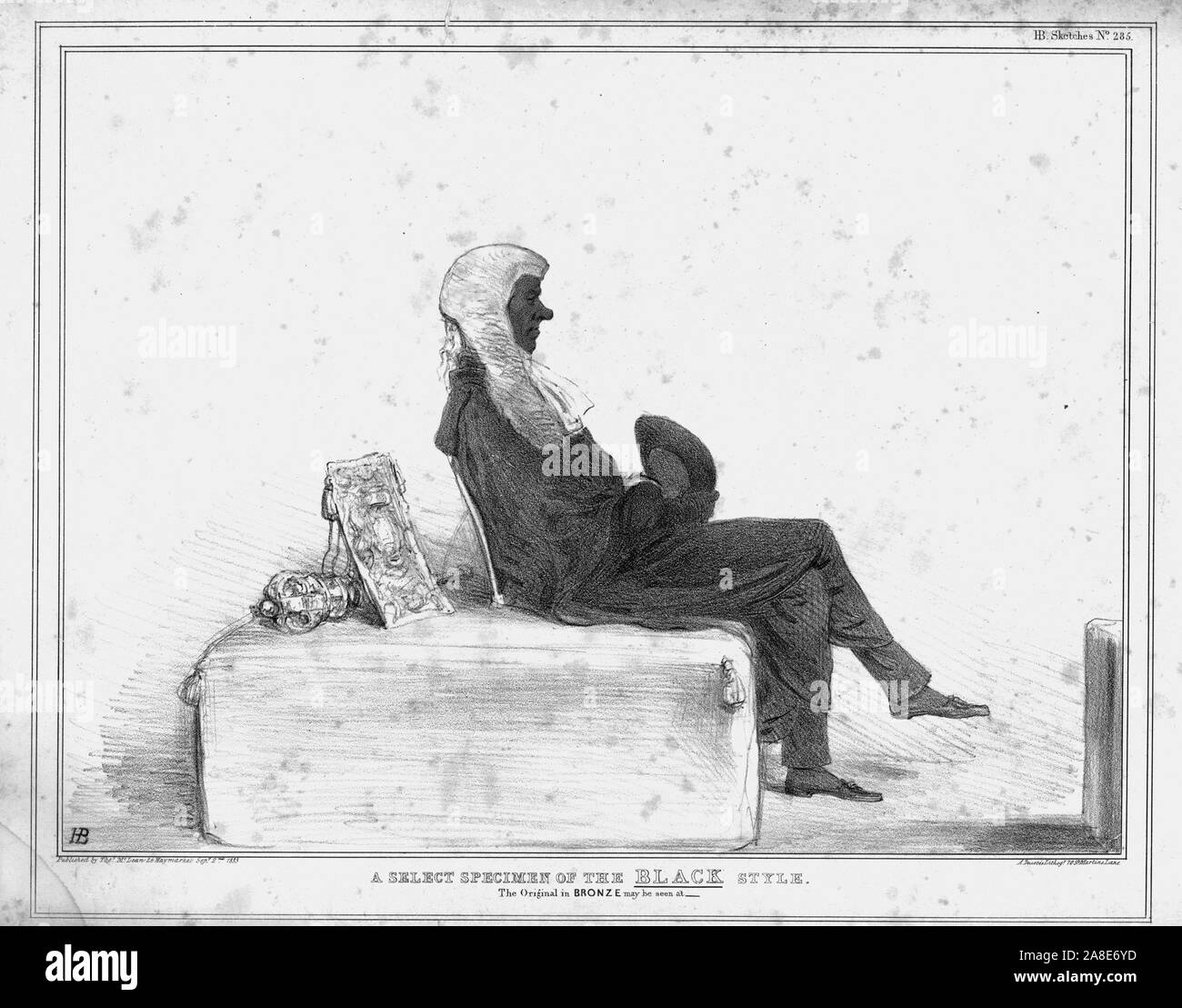 'A Select Specimen of the BLACK Style',1833. 'Original in Bronze may be seen at '. Lord Chancellor Henry Brougham, 1st Baron Brougham and Vaux, as a sculpture. Satirical cartoon on British politics by 'H.B.' (John Doyle). [Thomas McLean, London, 1833] Stock Photo