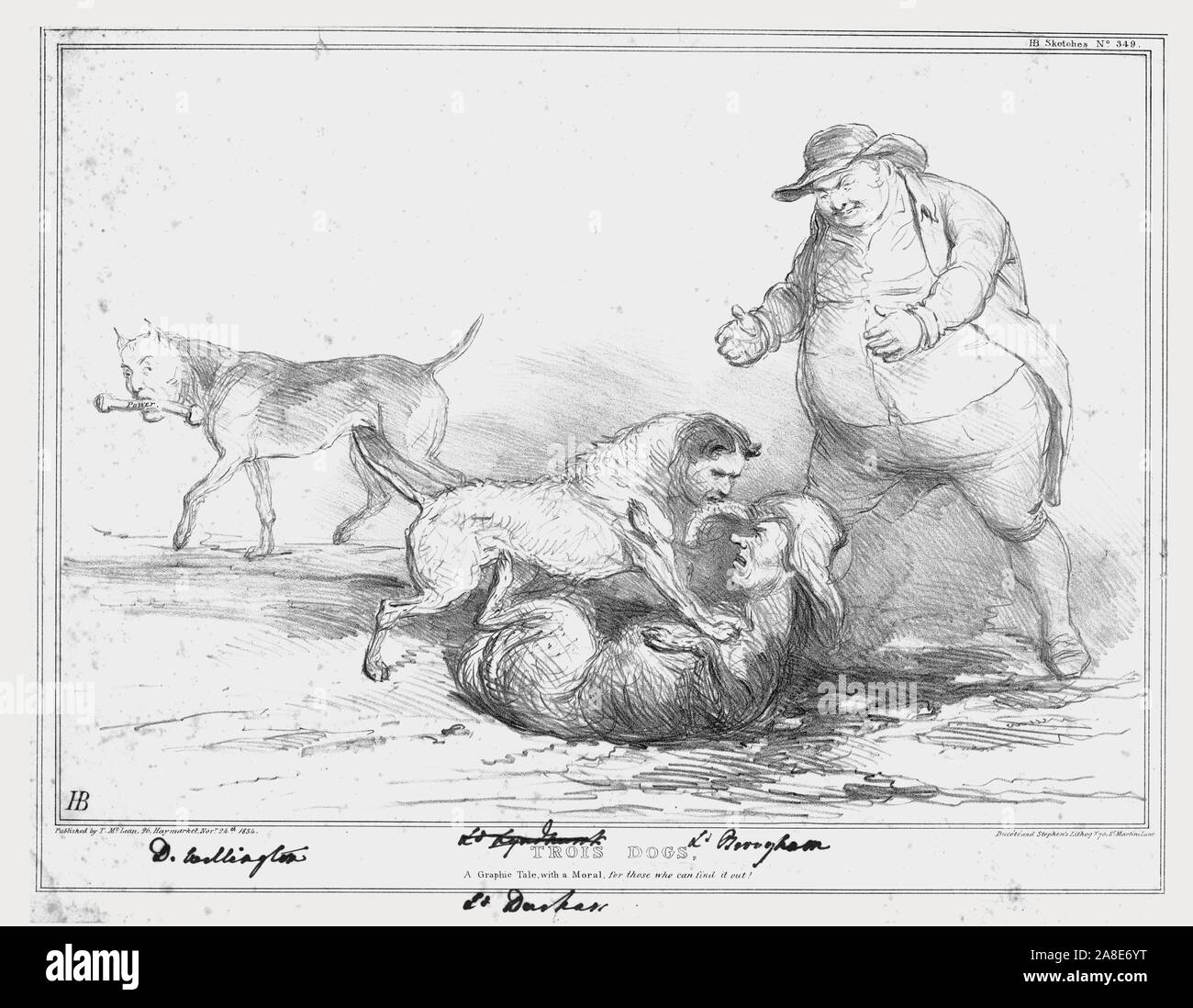 'Trios Dogs, A Graphic Tale, with a Moral, for those who can find it out!',1834. Prime minister Arthur Wellesley, 1st Duke of Wellington holding a bone labelled 'Power'; Governor-General of Canada John George Lambton, 1st Earl of Durham fighting with Lord Chancellor Henry Brougham, 1st Baron Brougham and Vaux; John Bull. Satirical cartoon on British politics by 'H.B.' (John Doyle). [Thomas McLean, London, 1834] Stock Photo