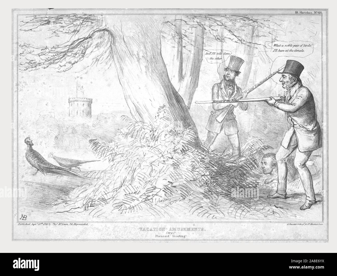 'Vacation Amusements. (No 1.) Pheasant Shooting!', 1840. Prime Minister William Lamb, 2nd Viscount Melbourne (right) holds a gun labelled 'Mistress of the Robes' and says 'What a noble pair of birds! I'll have at the female'. His companion, his gun labelled Lord Lieutenant of Ireland, says 'And I'll take down the other'. Satirical cartoon on British politics by 'H.B.' (John Doyle). [Thomas McLean, London, 1840] Stock Photo