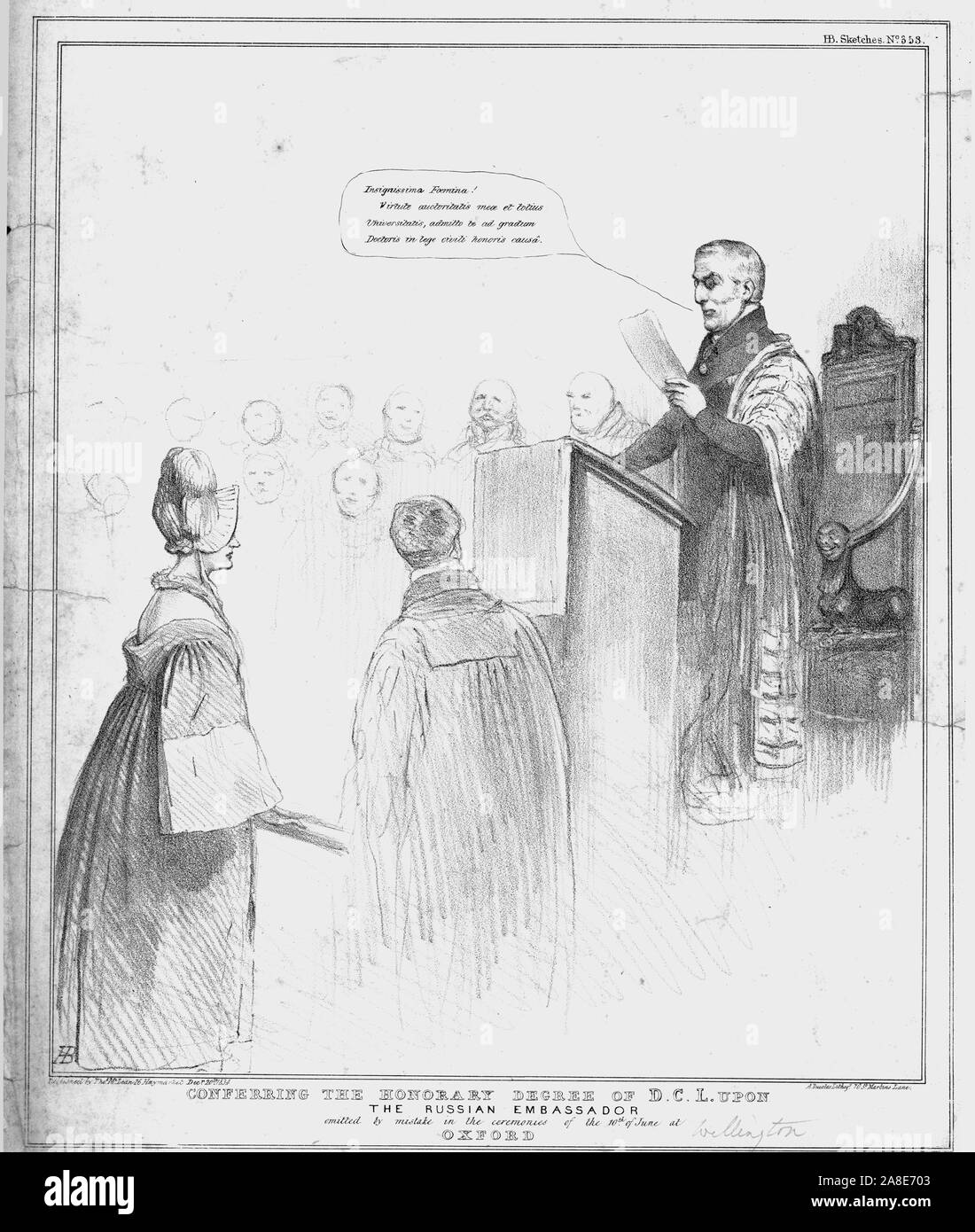 'Conferring the Honorary Degree of D.C.L. Upon The Russian Embassador, omitted by mistake in the ceremonies of the 10th June at Oxford', 1834. Chancellor of Oxford University Arthur Wellesley, 1st Duke of Wellington, confers the DCL (Doctor of Civil Law) degree on Christoph von Lieven, Russian ambassador to London, as Lieven's wife Dorothea Khristoforovna Lieven looks on. Satirical cartoon on British politics by 'H.B.' (John Doyle). [Thomas McLean, London, 1834] Stock Photo