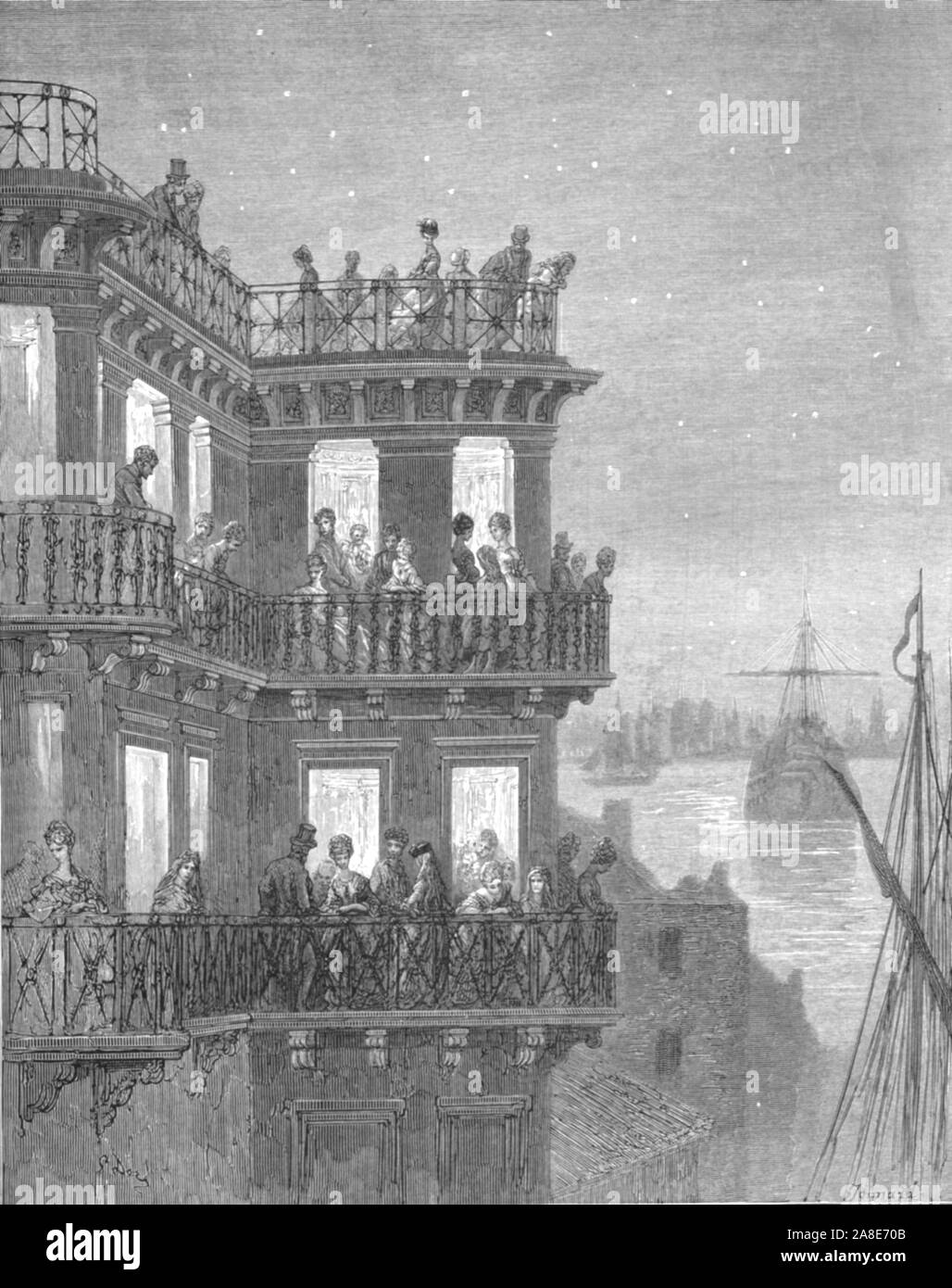'Greenwich-In the Season', 1872. Crowded balconies overlook the River Thames at Greenwich. From, &quot;LONDON. A Pilgrimage&quot; by Gustave Dore and Blanchard Jerrold. [Grant and Co., 72-78, Turnmill Street, E.C., 1872]. Stock Photo