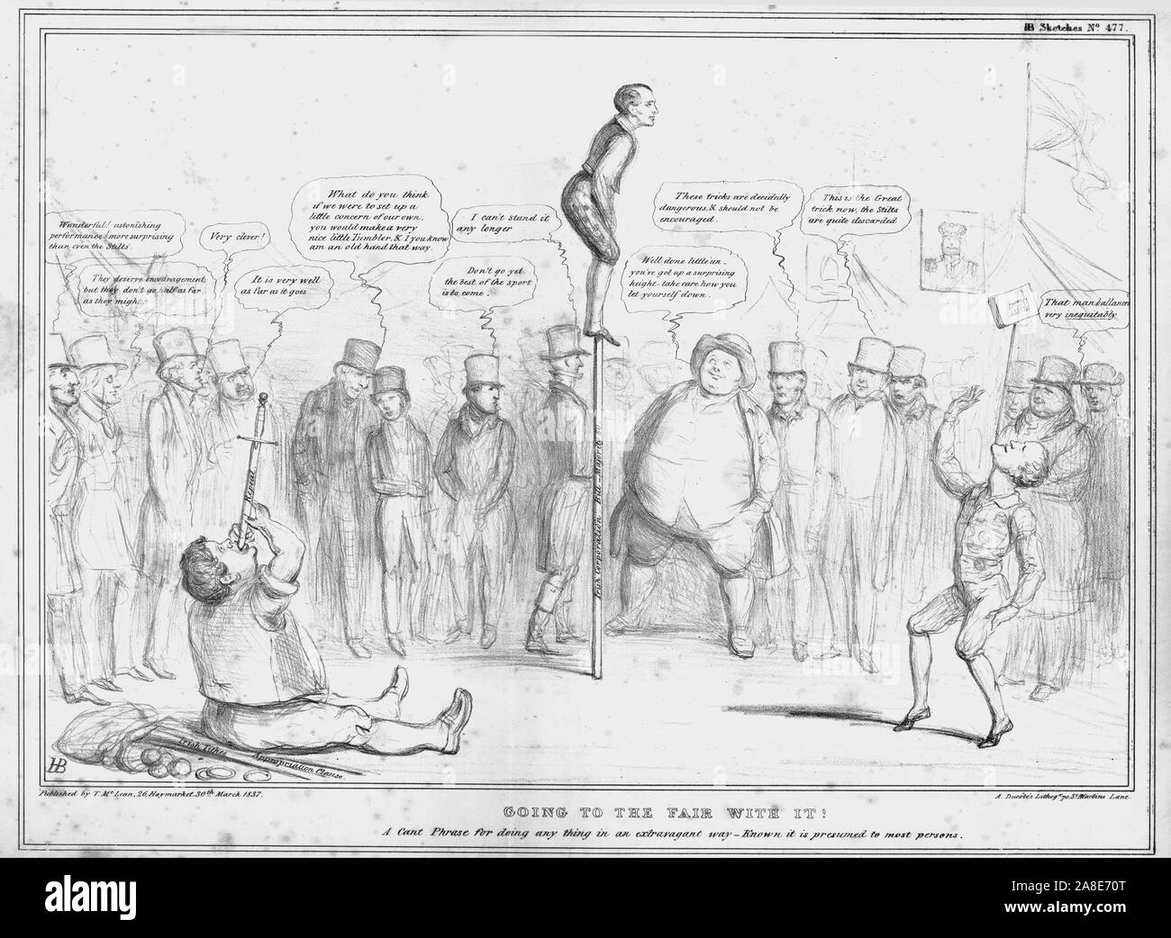 'Going to the Fair with it!. A Cant Phrase for doing any thing in an extravagant way - Known it is presumed to most persons', 1837. A boy balances on a pole labelled 'Irish Corporation Bill - Majority 80'. A fellow perfomer swallows a sword labelled 'Repeal'. On the ground are written the words 'Irish Tithes' and 'Appropriation Clause'. Satirical cartoon on British-Irish politics by 'H.B.' (John Doyle). [Thomas McLean, London, 1837] Stock Photo