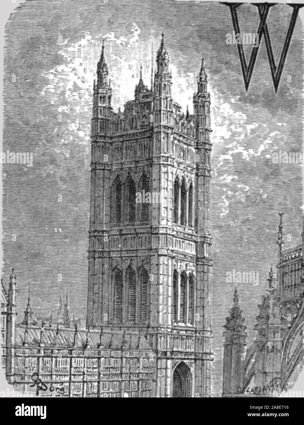 'Victoria Tower', 1872. Victoria Tower in the Palace of Westminster, London was designed by Charles Barry in Perpendicular Gothic style and completed in 1860 as a 'fireproof repository for books and documents'. From, &quot;LONDON. A Pilgrimage&quot; by Gustave Dore and Blanchard Jerrold. [Grant and Co., 72-78, Turnmill Street, E.C., 1872]. Stock Photo