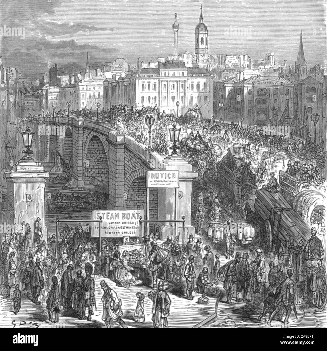 'London Bridge, 1872', 1872. London Bridge was built to designs by John Rennie, under supervision of his son from 1824 with an official opening on 1 August 1831. From, &quot;LONDON. A Pilgrimage&quot; by Gustave Dore and Blanchard Jerrold. [Grant and Co., 72-78, Turnmill Street, E.C., 1872]. Stock Photo