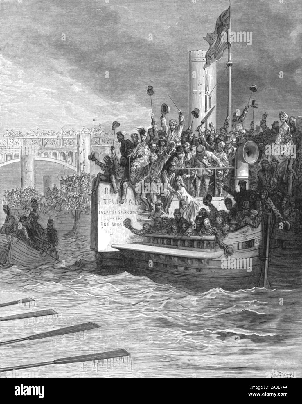 'The Race', 1872. Spectators cheer from boats and bridges during a boat race on the River Thames. From, &quot;LONDON. A Pilgrimage&quot; by Gustave Dore and Blanchard Jerrold. [Grant and Co., 72-78, Turnmill Street, E.C., 1872]. Stock Photo