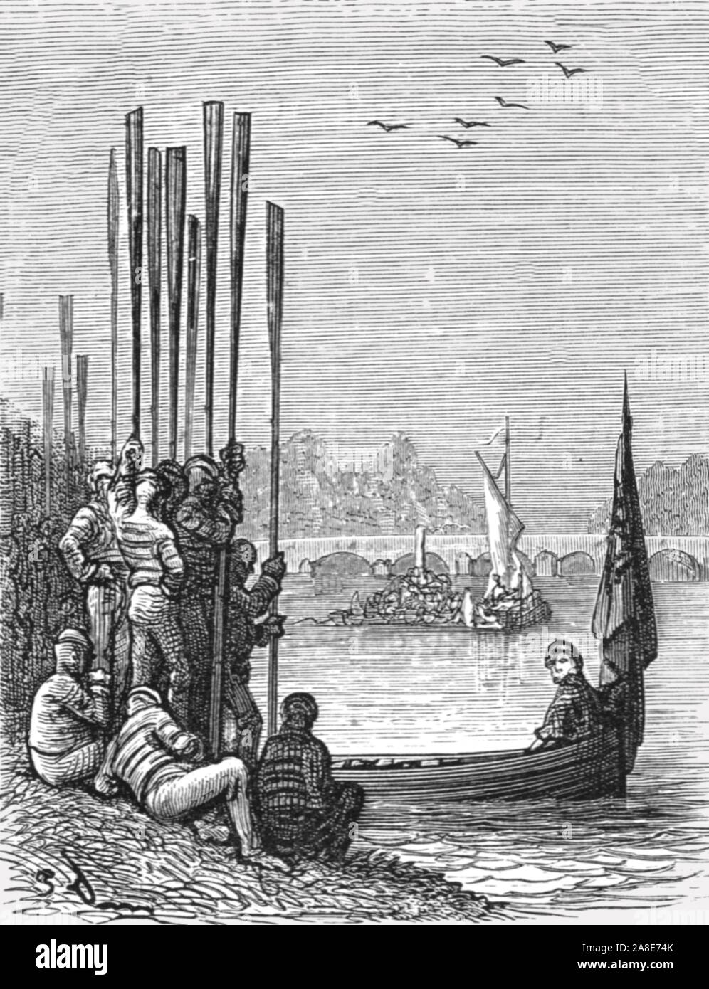 'The Crews', 1872. Rowing teams on the banks of the River Thames before the race. From, &quot;LONDON. A Pilgrimage&quot; by Gustave Dore and Blanchard Jerrold. [Grant and Co., 72-78, Turnmill Street, E.C., 1872]. Stock Photo