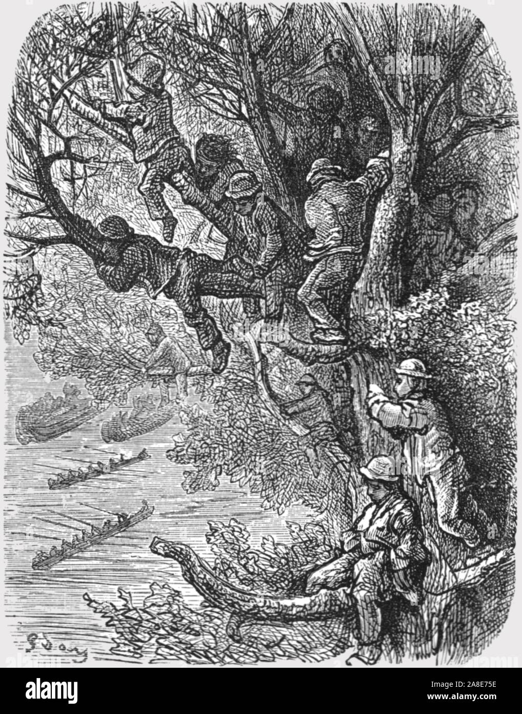 'Perched in the Trees', 1872. Men and boys watching a boat race on the River Thames. From, &quot;LONDON. A Pilgrimage&quot; by Gustave Dore and Blanchard Jerrold. [Grant and Co., 72-78, Turnmill Street, E.C., 1872]. Stock Photo