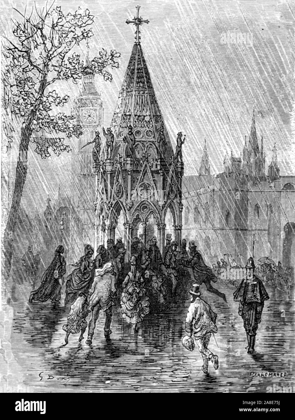 'The Fountain-Broad Sanctuary', 1872. Men women and children run for shelter under  Buxton Memorial Fountain in  memory of Sir Thomas Fowell Buxton, a philanthropist and anti-slavery campaigner. From, &quot;LONDON. A Pilgrimage&quot; by Gustave Dore and Blanchard Jerrold. [Grant and Co., 72-78, Turnmill Street, E.C., 1872]. Stock Photo