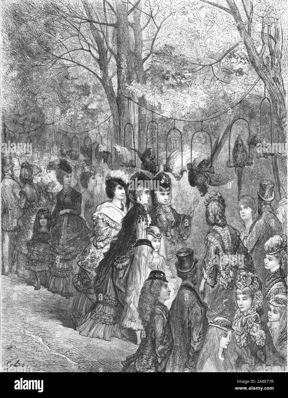 'Zoological Gardens-The Parrot Walk', 1872. The Zoological Society of London was founded by Stamford Raffles in 1826, London Zoo opened two years' later. From, &quot;LONDON. A Pilgrimage&quot; by Gustave Dore and Blanchard Jerrold. [Grant and Co., 72-78, Turnmill Street, E.C., 1872]. Stock Photo