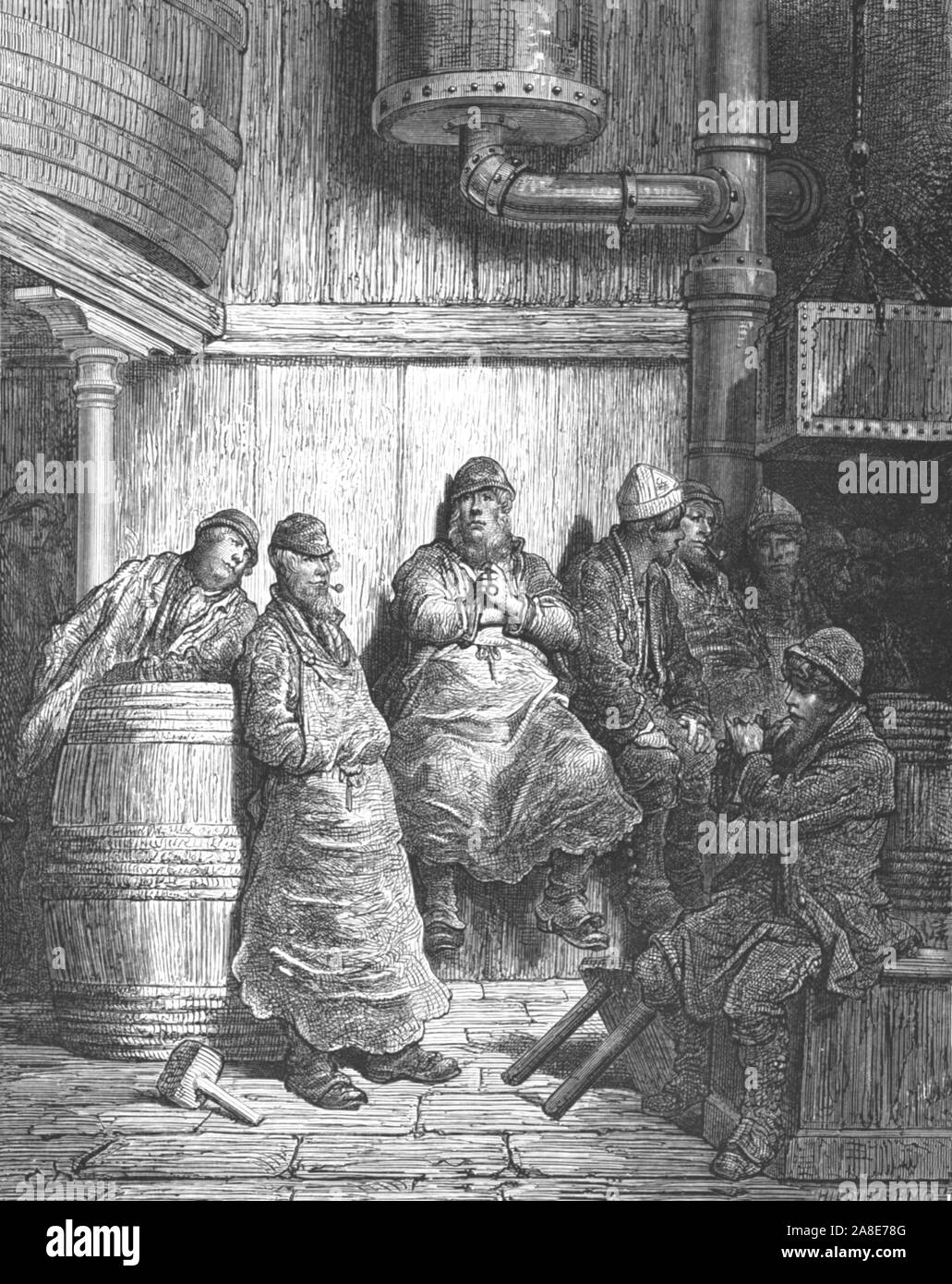 'Brewer's Men', 1872. Brewers take a break at Barclay, Perkins and Company brewery in Park Street, Southwark. From, &quot;LONDON. A Pilgrimage&quot; by Gustave Dore and Blanchard Jerrold. [Grant and Co., 72-78, Turnmill Street, E.C., 1872]. Stock Photo